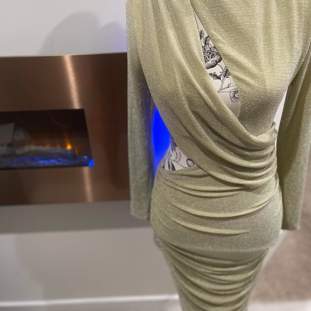 Light Gold Long Sleeve Metallic CutOut Dress - Picture 2 of 6